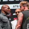 IRVING, TEXAS - NOVEMBER 13: Mike Tyson and Jake Paul pose at a press conference at the Toyota Music Factory in Irving, Texas on November 13, 2024 for their heavyweight world titles of the Premiere Boxing Championship which will be on November 15 Friday night at AT&T Stadium in Arlington, Texas, United States. (Photo by Tayfun Coskun/Anadolu via Getty Images)